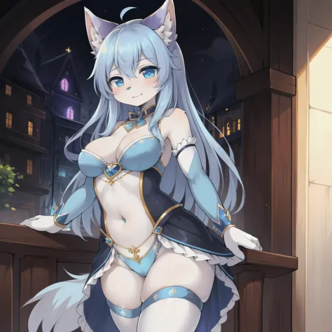 masterpiece, soft shading,  perfect anatomy, perfect lighting, perfect focus, vibrant, solo, 1girl, Furry, furry wolf, anthropomorphic, female, silver fur, silver skin, blue eyes, magical girl theme, sexy clothes, (blue magical girl outfit), fantasy town, ...