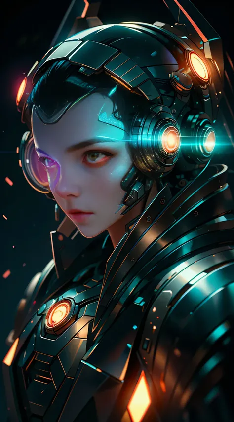 female character, detailed eyes, perfectly detailed face, mature face, athletic body, Lasers, full body villain pose:1.32, denoising of strength:1.45, iridescent lighting,  hood, cyberpunk, red neon, dark, eyes coming out fire, best quality, masterpiece, t...