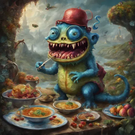 monstruo de sopa colorido, artistically rendered, elegante Alexander Jansson, incredibly beautiful work, Los personajes y elementos del paisaje encajan completamente dentro del marco de la imagen., Detailed realization, High Quality Definition, Caras expre...