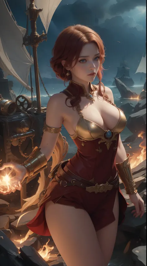 tmasterpiece，Highest image quality，Beautiful bust of a noble pirate girl，Exquisite red super short hairstyle，tying  hair，Clear golden eyes，Hand-held fire hammer，Age of Discovery Pirate Suit，Ultra-detailed details，advanced。At the Pixiv Art Station，Break you...