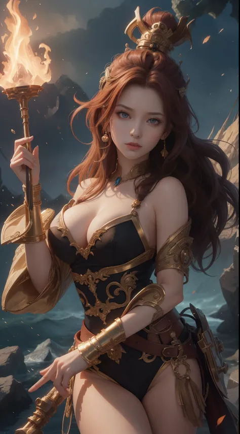 tmasterpiece，Highest image quality，Beautiful bust of a noble pirate girl，Exquisite red super short hairstyle，tying  hair，Clear golden eyes，Hand-held fire hammer，Age of Discovery Pirate Suit，Ultra-detailed details，advanced。At the Pixiv Art Station，Break you...