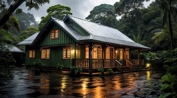 vintage wooden house, lush small house, beautiful house, night, lights on, costa rica green rainforest, heavy rain falling on th...