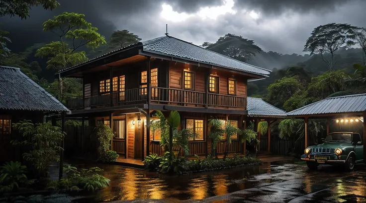 vintage wooden house, lush small house, beautiful house, night, lights on, costa rica green rainforest, heavy rain falling on th...