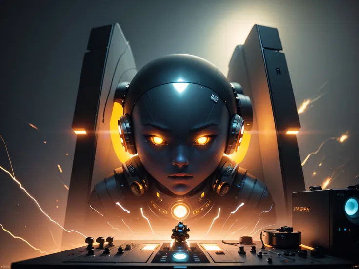 DJ space ALIEN with a minimalist backdrop, wearing futuristic headphones and a high-tech turntable, sharp focus, emitting diodes, smoke, artillery, sparks, racks, system unit, motherboard, hyperrealism painting concept art of detailed character design matt...