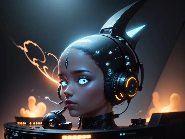 DJ space ALIEN with a minimalist backdrop, wearing futuristic headphones and a high-tech turntable, sharp focus, emitting diodes, smoke, artillery, sparks, racks, system unit, motherboard, hyperrealism painting concept art of detailed character design matt...