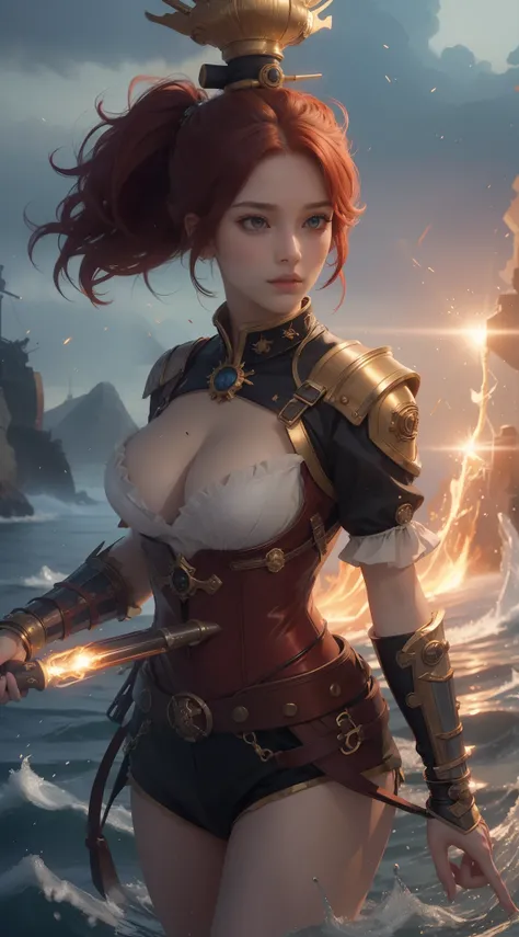 tmasterpiece，Highest image quality，Beautiful bust of a noble pirate girl，Exquisite red super short hair，tying  hair，Clear golden eyes，Hand-held fire hammer，Age of Discovery Pirate Suit，Ultra-detailed details，advanced。At the Pixiv Art Station，Break your own...