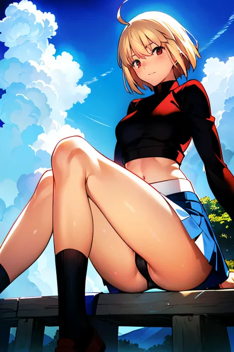 Takashi Takeuchi、Tsukihime、Guardian Brunestad、1 girl、Ahoge、(a blonde:1.3)、a miniskirt、(blue skirt:1.3)、red eyes、short hair、fur skirt、Smile with open mouth、(solo)、white sweater 、(white turtleneck:1.3)、((masterpiece))、Black tights、(black thighs:1.3)、(white p...