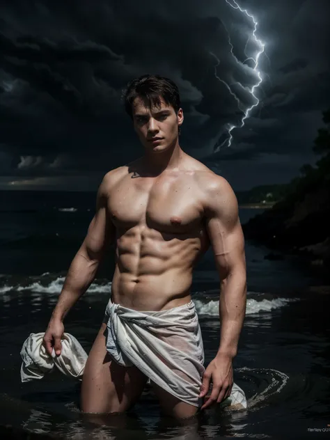 ((masterpiece)),((best quality)),8k, high detailed, ultra-detailed, Stylish Pose, real skin texture, dark cinematic lighting, 18-year-old italian male model, handsome, cute looking, divine look, powerful light blue eyes, Poseidon god, god of the seas, Nept...