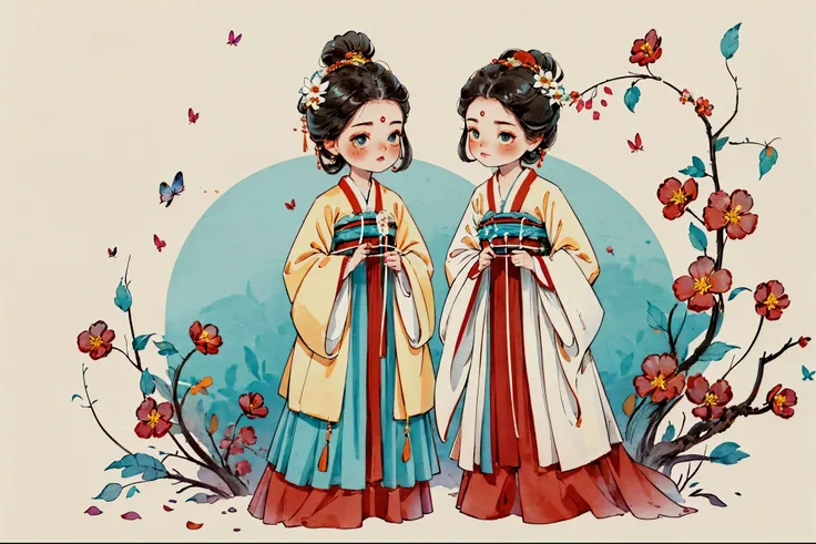 1 Sister, Alone, looking at viewert, face flushed, Background with, black hair color hair, hair adornments, longer sleeves, white backgrounid, Eternal, Full body lesbian, Winters, snowflower, Hanfu, club, Dead tree, flowers blooming, hairflower, hair-bun, ...