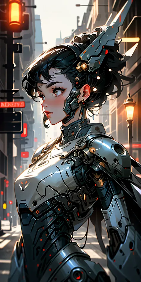 Portrait photo of an beuatiful woman ,perfect eyes , in a worn mecha exosuit,((light bokeh)), intricaeel metal [rusegant, sharp focus, photo by greg rutkowski, soft lighting, vibrant colors, masterpiece, ((streets)), detailed face