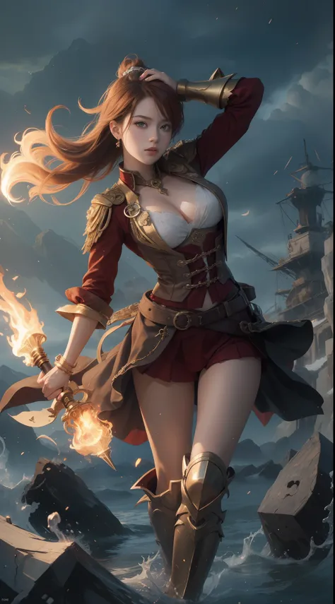 tmasterpiece，Highest image quality，Beautiful full body portrait of a noble pirate girl，Exquisite red super short hairstyle，tying  hair，Clear golden eyes，Hand-held fire hammer，extra long martin boots，Age of Discovery Pirate Suit，Ultra-detailed details，advan...