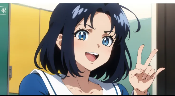 Uma garota com cabelo vermelho, olhos brilhantes igual de anime, 80s retro anime, hand on happy face, Anime Garota do Futuro, Anime 2D.