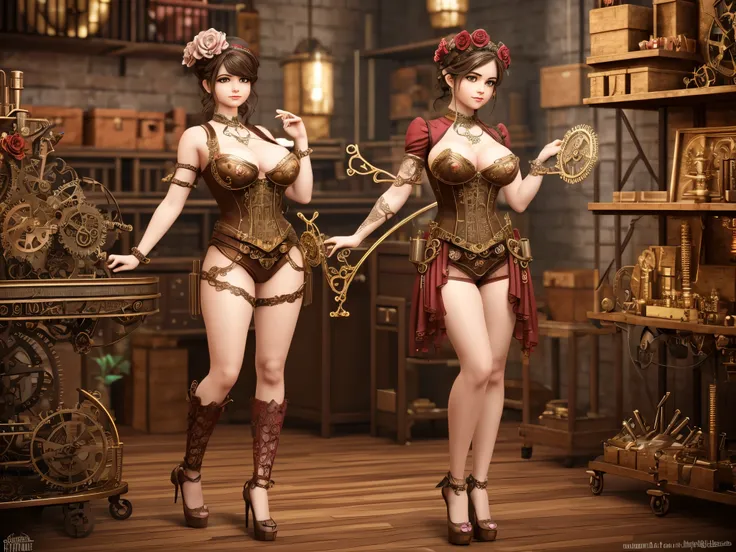 Visualize Cupid in a steampunk-inspired workshop crafting 3D hearts and roses with gears and intricate machinery, surrounded by swirling fractal patterns that represent the magic of love, enormous tits, (full body:1.5)