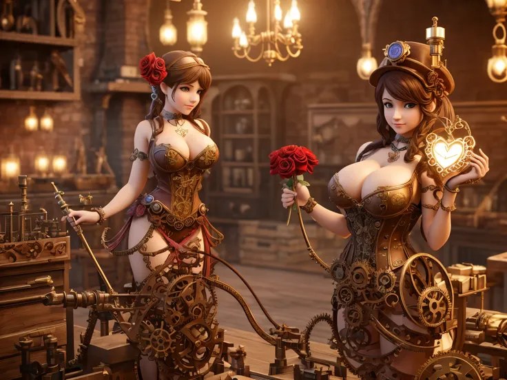 Visualize Cupid in a steampunk-inspired workshop crafting 3D hearts and roses with gears and intricate machinery, surrounded by swirling fractal patterns that represent the magic of love, enormous tits, (full body:1.5)