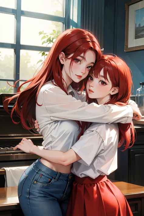 (masterpiece:1.2), (best quality:1.2), 8K, UHD, ultra high res, (2girls:1.2), hugging, happy, NSFW ADDCOMM
long hair, white shirt, blue jeans BREAK
red medium hair, red eyes, yellow shirt, white skirt