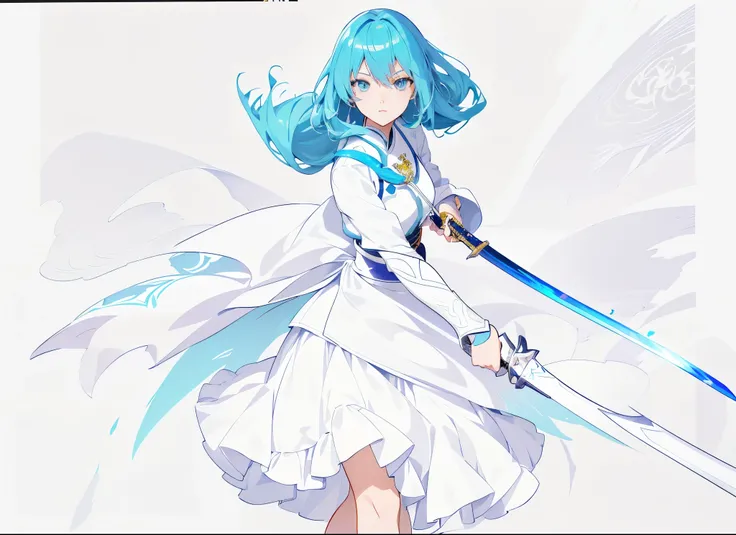 there is a drawing of a woman holding a sword and a sword, an anime drawing inspired by Kusumi Morikage, pixiv contest winner, process art, wielding a magical sword, paint tool sai!! blue, flat anime style shading, colored lineart, she is holding a sword, ...