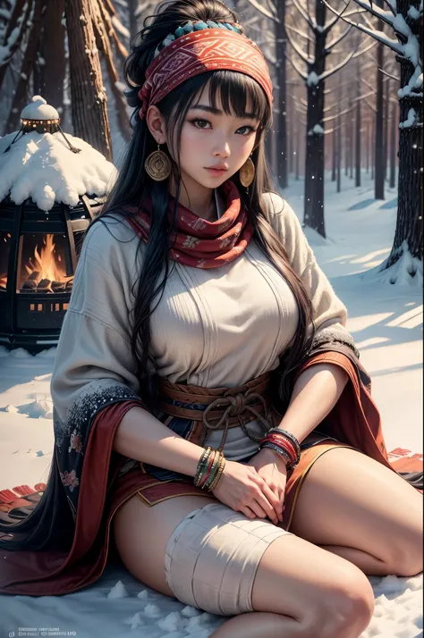 ((maximum quality, full body, hyper-realistic, 8k, high definition, detailed detailed piece)) master piece, a beautiful young indigenous Japanese woman, Ainu, black haired, very hot, horny, attractive, nice lips, thick thighs , big firm breasts, beautiful ...