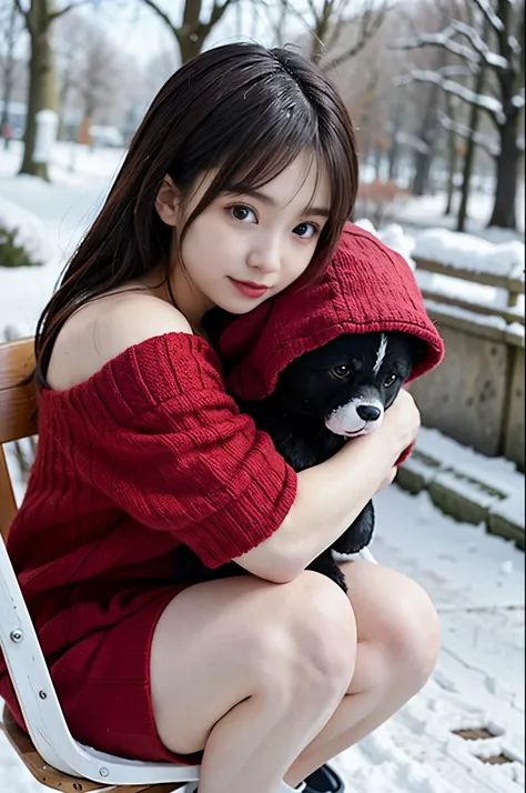 (Best Quality,4K,hight resolution,masutepiece:1.2),girl with (15 years old),Hugging a big teddy bear、Wearing red off-shoulder knit、shortpants、Squatting on a chair、a closeup,sideshot、Winter wonderland,Magical atmosphere,Soft lighting,Vibrant colors,Happines...