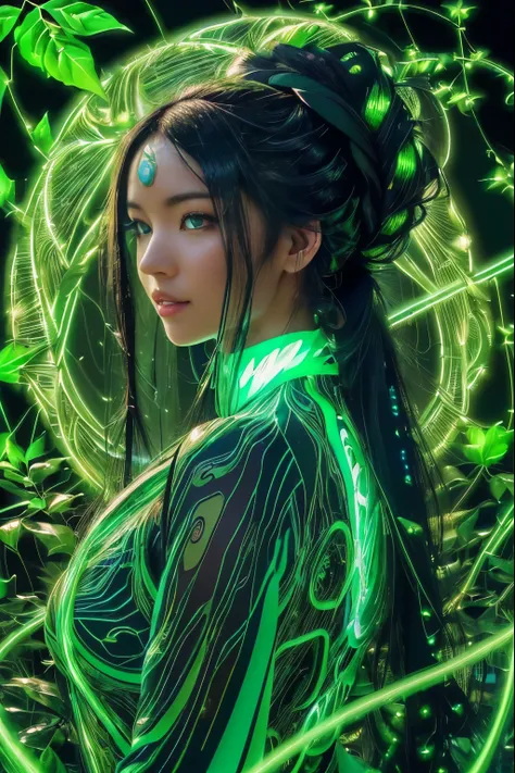 ((Ultra Long Exposure Photographan  woman with long black hair in space buns. She is the goddess of horticulture. She’s covered in millions of microscopic fibers, ultra bright neon strings emanating from her body. beautiful backlit silhouette, high detaile...