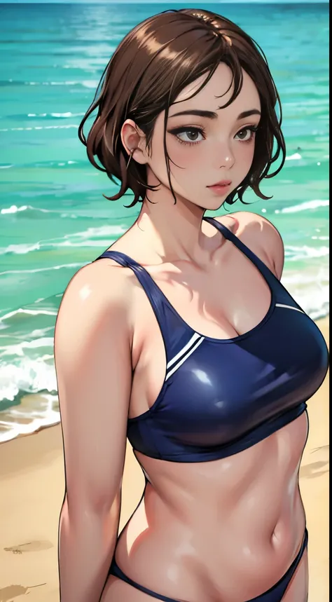 sunshine on the sandy beach、MASTERPIECE,CGI ART,REALISTIC,SHARP FOCUS,8K,1 girl, UPPER BODY, swim wears, glowy skin, illustratio,eyeshadows