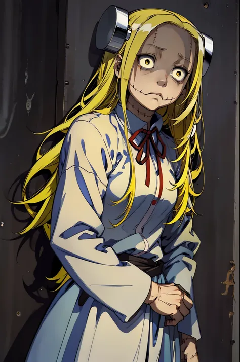 madaraki_fran,a  girl , scared ,the madhatter ,surgeon&#39;gown ,scared , clean hands ,stunned, hairlong , yellow hair,seams , s...