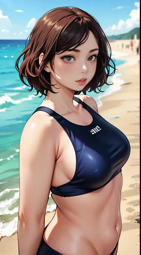 sunshine on the sandy beach、MASTERPIECE,CGI ART,REALISTIC,SHARP FOCUS,8K,1 girl, UPPER BODY, swim wears, glowy skin, illustratio,eyeshadows、Look here、