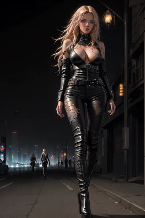 beautiful girl, ((chin: 1.4)), (confident gaze: 1.1), full body, long bright neon streaked blonde hair, ((realistic, highly detailed eyes: 1.4)), ((seductive pose : 1.2)), (full breasts: 1.2) black eyeshadow , (street style wear: 1.2), ((skinny leather pan...