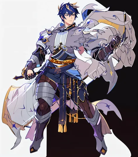 a cartoon of a man in armor holding a sword, keqing from genshin impact, genshin impact character, zhongli from genshin impact, a human male paladin, genshin, genshin impact style, male paladin, inspired by Okumura Masanobu, official character art, zenra t...