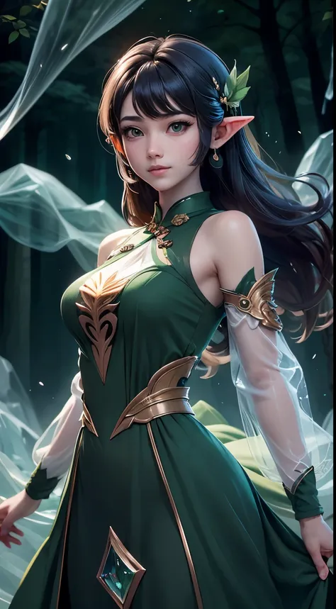 (Masterpiece, Top Quality, Best, Official Art, Beautiful and Aesthetic, Long Exposure: 1.2), Smooth Movement, Charming Patterns, 1 Girl, (Long Dress with Sleeves: 1.3), (((Green Clothes) )), upper body close-up, bare shoulders, Chinese girl, blush, black l...