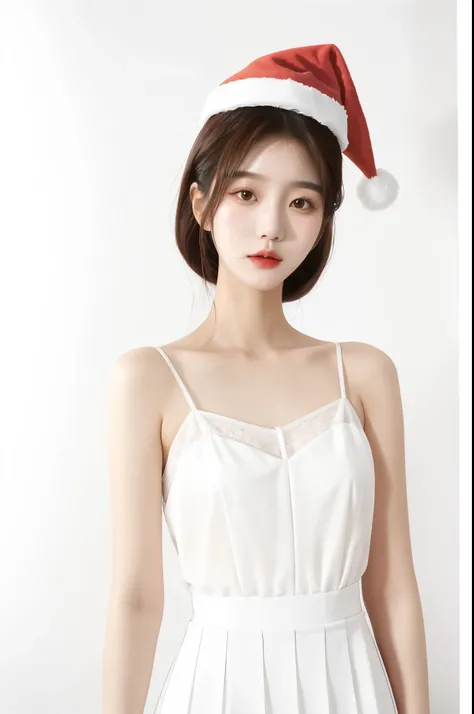 Couple woman wearing santa hat and white dress, beautiful south korean woman, Korean fashion model, photo of slim girl model, gorgeous young korean woman, 光滑白色紧身衣服套eautiful young korean woman, wearing white camisole, Wearing Santas hat, korean woman, Di Li...