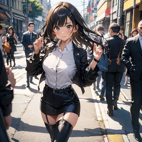 Brown hair、watching at viewers　　　black suspenders　　　bulging big tits　　 　 　　　walls: 　Black miniskirt　garters　　　　　　Gaze　　　a small face　bangss 　　　holster　　　Beautuful Women　　Hands up　　レッグholster ベッドに横たわる　　Gaze 　black boots panty shot　Provocation　flank　flank汗　S...