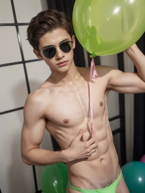 14-year-old boy, hugging big pink balloons, blowing big green balloons, wearing small green speedos, shirtless, abs, thin body, slim body, handsome, young boy, youthful, boyish, cute, black military sunglasses, rayban aviators, photography, realistic, big ...