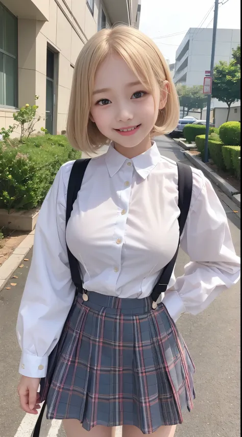 little young girl.................,, in front of the school、Connect to skirt with suspenders、White shirt with long sleeves、Plaid skirt、Lori, , sakimichan,, nice and cute, Innocent smile,  jaeyeon nam, Lovely smile, sakimichan HDRI、loli big boobs、(Beauty Bi...