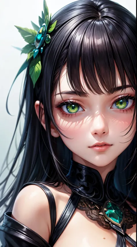 Beutiful woman, full hd, master piace, high quality, super detail, black hair, green eyes, close-up