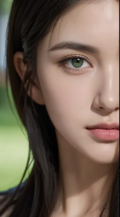 Beutiful woman, full hd, master piace, high quality, super detail, black hair, green eyes, close-up