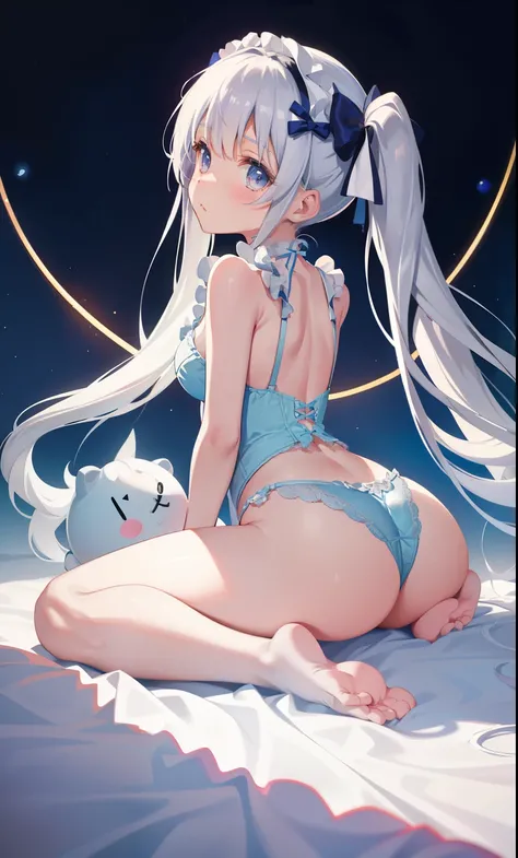 1girl in、As-、Cute underwear、Detailed Lace Lingerie、FULL BODYSHOT、(long silver twintails)、Hug a cute stuffed animal、backshots、from the rear、Drenched､(all-fours)､ideal small butt､Ergonomically suitable、(Light blue lingerie)