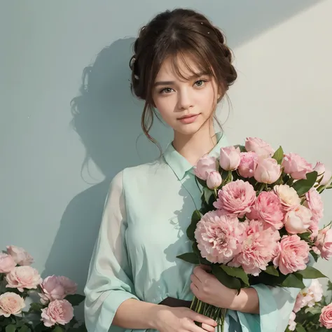 1 beautiful girl, brown hair in a bun, Light brown eyes, pink lips, wearing a green dress, holding flowers, Actress, Asian