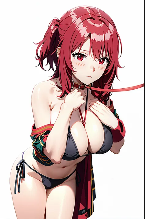 bikini,red eyes,(red hair),blush,collar leash