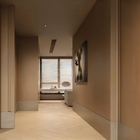 Hallway with dressing table and windows, high quality rendering, vray 8k rendering, 8k vray rendering, Sand-colored walls, natural realistic render, Clearly defined、smooth private parts、white wall, smooth private parts的镶板, super realistic rendervray, reali...