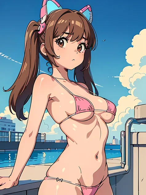 ((masutepiece)), ((Best Quality)), (Ultra-detailed), ((Extremely detailed)), 4K, (8K), Flat color, heavy outline, sharp outline, 1girl in, Solo, Amazingly cute girl of 13 years old, Light brown twintail hair with bangs, ivory and pink bikini, under the boo...