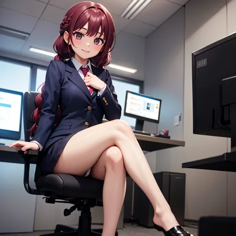 only one girl, 1girl, wear office unirorm and blazer, maroon hair, air force eye color, French braid hairstyle, in the office room, smile, looking at the viewer, sitting in an office chair, crossed her legs