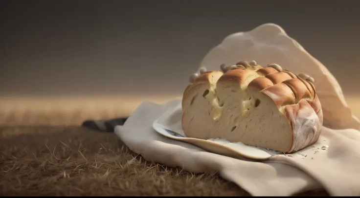 ((Huge bread on the grass)）（Surrounded by mountains of bread），natural soft light，（great outdoorterioriniature photos，advertisement photography，Milk river，cheeses，Realistic bread texture，Warm color scheme，Surreal style，Blender，C4D，OC rendering，Ultra-realist...