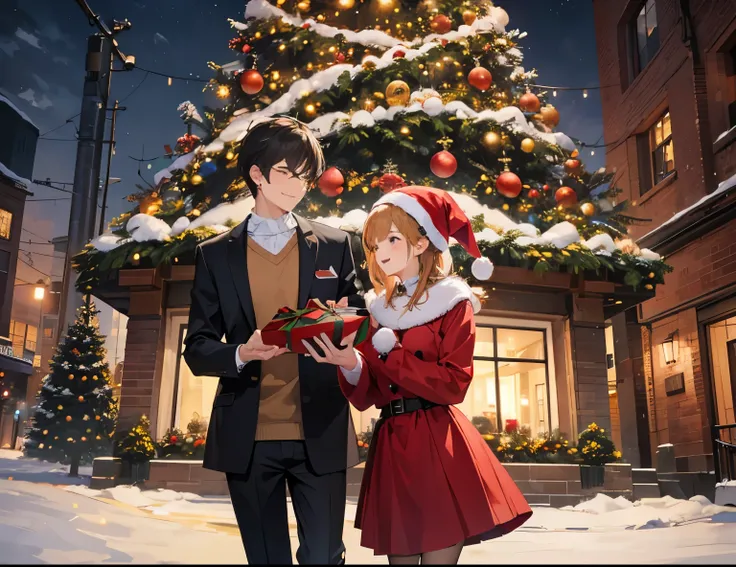 A couple (1male, 1female), Christmas tree, Christmas, gift, laugh, romantic atmosphere, happy atmosphere, landscape