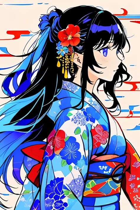 a drawing of a woman with long hair and a flower in her hair, beautiful line art, colorful painting, vivid coloring, colorful kimono, colorful ornaments,