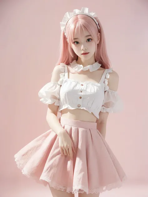 Super delicate and cute girl with pink hair and Lolita skirt. 8K ultra-high image quality, fine texture, with a pure white background.