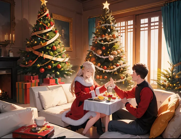 A couple (1male, 1female), Christmas tree, Christmas, gift, laugh, romantic atmosphere, happy atmosphere, landscape