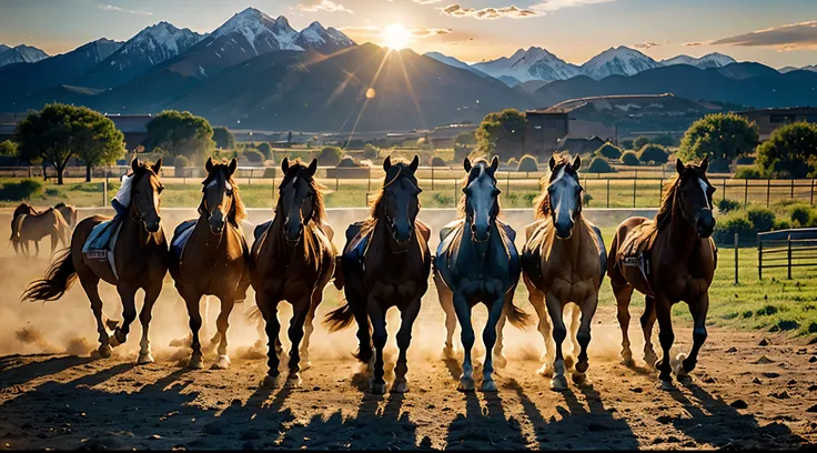 7 horses, vibrant colors, dynamic composition, energetic brushstrokes, sunlit atmosphere, golden hour lighting, flowing manes and tails, dust kicked up by their hooves, distant mountains in the background, sense of freedom and power.