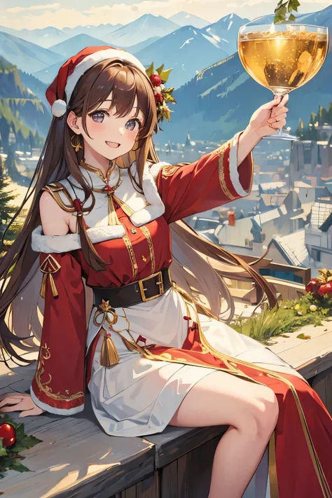 masterpiece, high res,original, beautiful maiden, brown long hair, Christmas outfit ,happy,laugh,happy_atmosphere,landscape