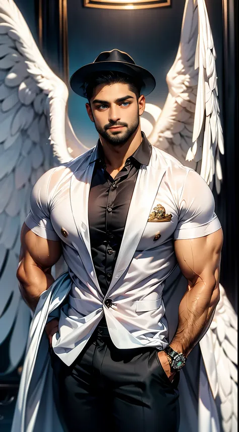 (best quality,ultra-detailed,realistic:1.37), daegan tronos character(1), handsome, dark skin, dark-tanned, perfect wings angel,...