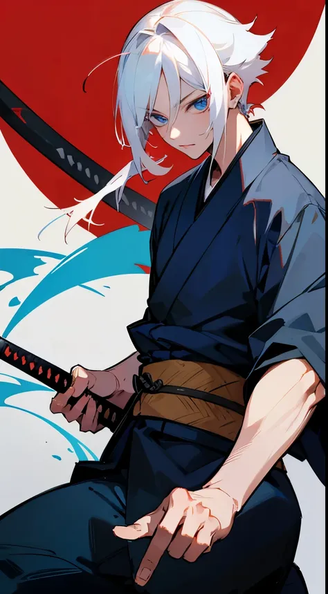 kimono　Japanese Katana Sword　White hair　shorth hair　blue eyess　full bodyesbian　male people